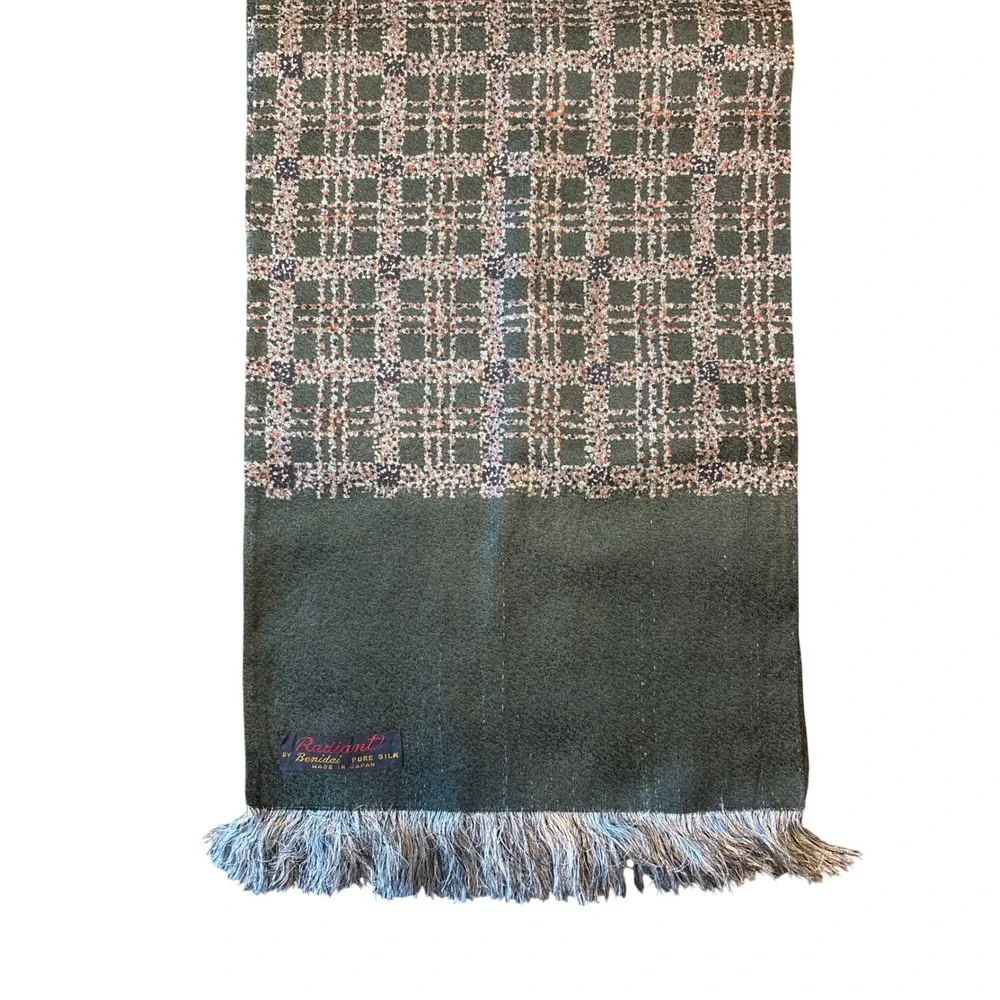 Vintage Radiant by Benidai‎ Pure Silk Scarf Green Plaid Fringe Made in Japan